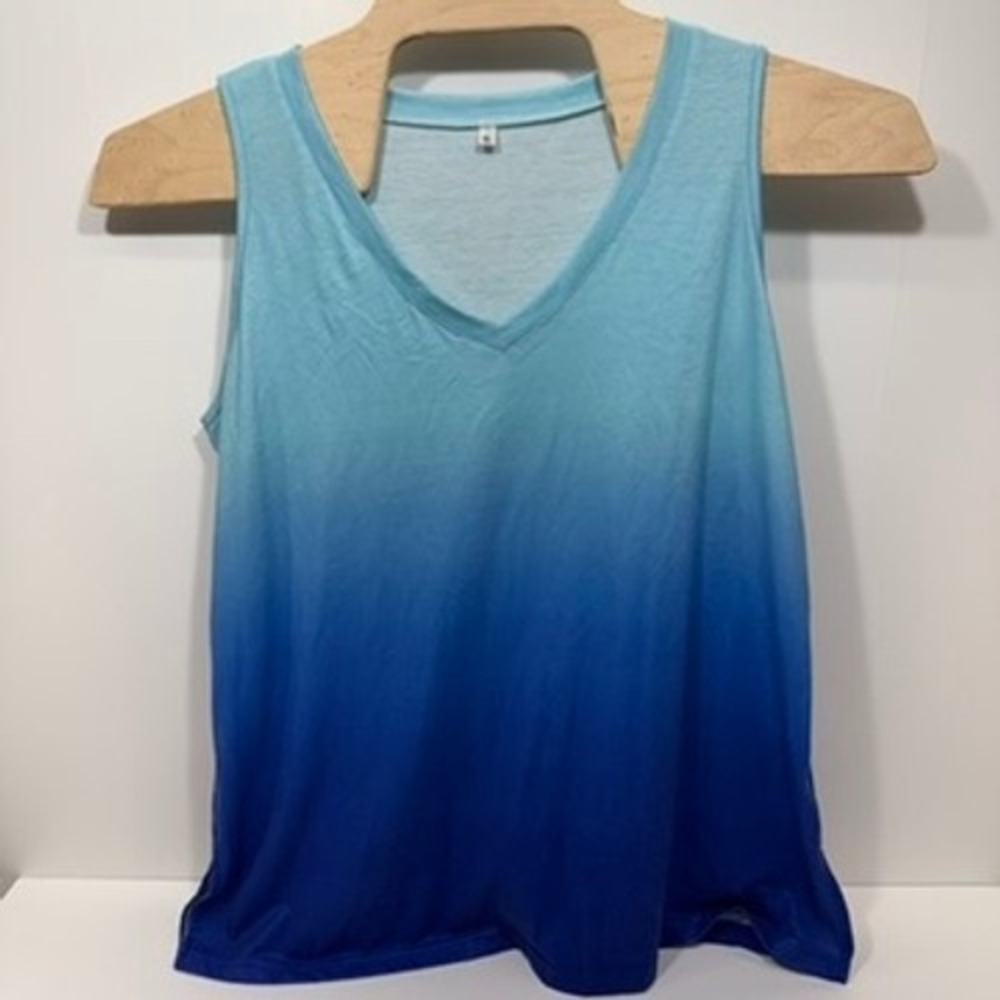 Blue Ombre Sleeveless Tank Top Size XL V-Neck Polyester Spandex Gradient 20007